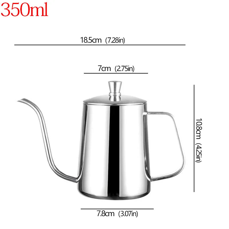 A stainless steel gooseneck kettle with dimension labels showing 18.5cm length, 7cm lid knob diameter, 10.
