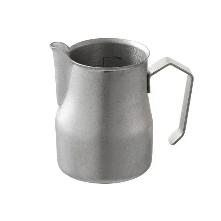 A stainless steel milk pitcher on a white background.