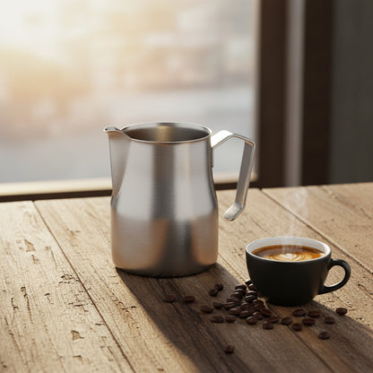 A stainless steel milk pitcher with a curved handle and pouring spout,  on a table