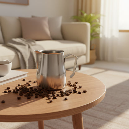A stainless steel milk pitcher with a curved handle and pouring spout, on a living room side table
