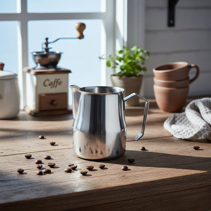A stainless steel milk pitcher with a curved handle and pouring spout, in a kitchen