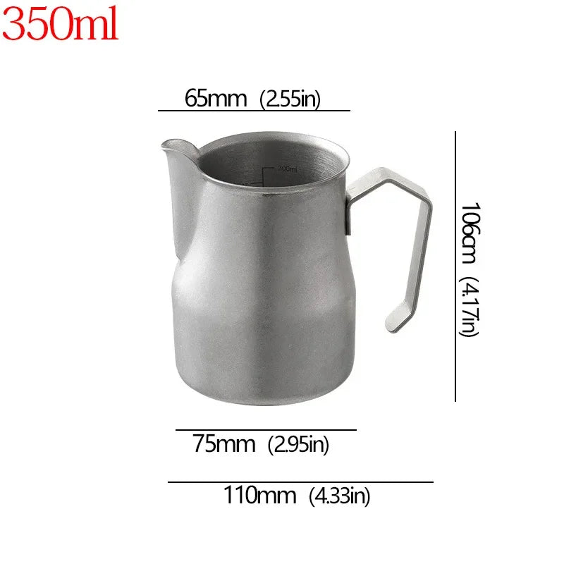 A stainless steel milk pitcher with dimension labels showing 350ml capacity and measurements of 65mm, 75mm, 110mm, and 106mm on a white background.