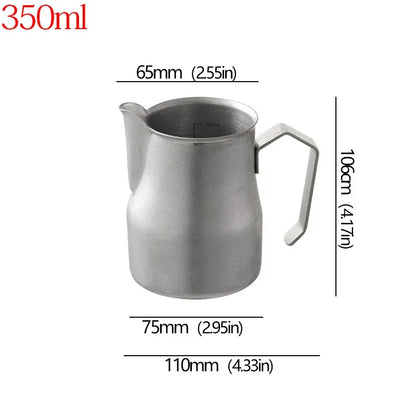 A stainless steel milk pitcher with dimension labels showing 350ml capacity and measurements of 65mm, 75mm, 110mm, and 106mm on a white background.
