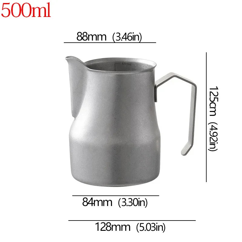 A stainless steel milk pitcher with dimension labels showing 88mm top width, 84mm base width, 128mm bottom width, 125cm handle height, and 500ml capacity on a white background.