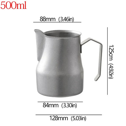 A stainless steel milk pitcher with dimension labels showing 88mm top width, 84mm base width, 128mm bottom width, 125cm handle height, and 500ml capacity on a white background.