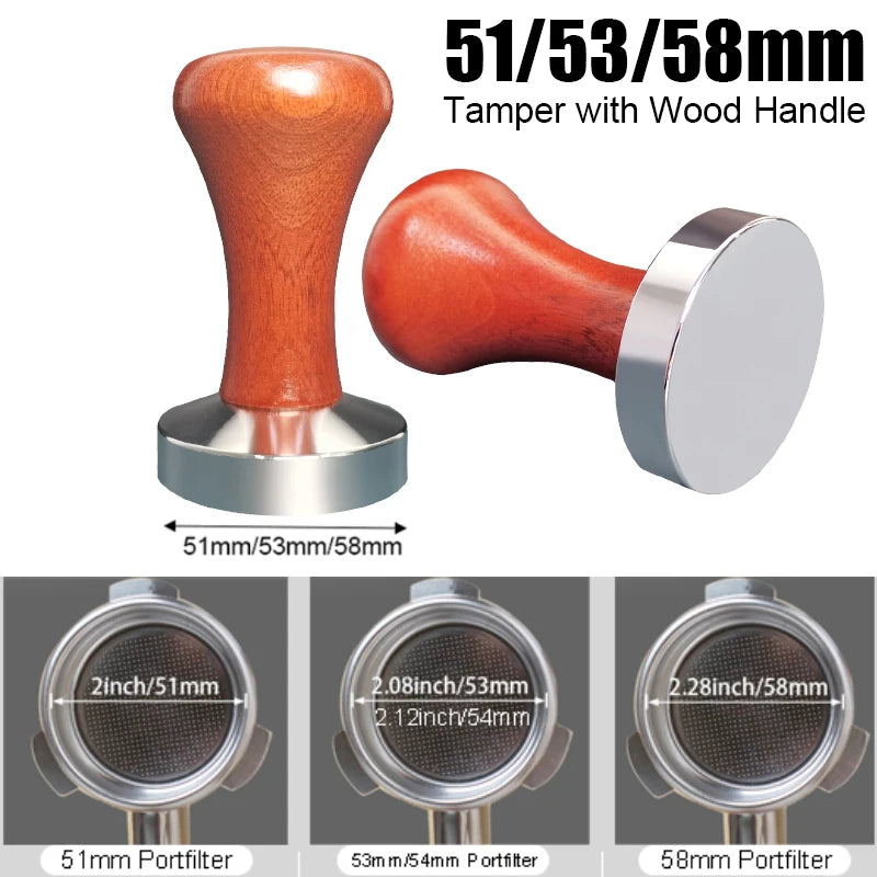Tamper with wood handle and metal base, showing dimensions and portfilter compatibility.