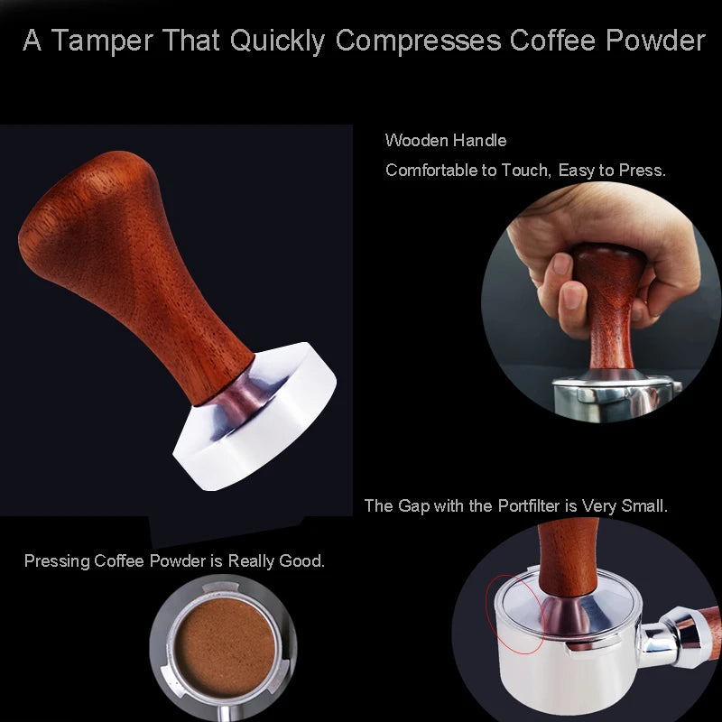 Coffee tamper with wooden handle and metal base, showing usage and compression of coffee powder.