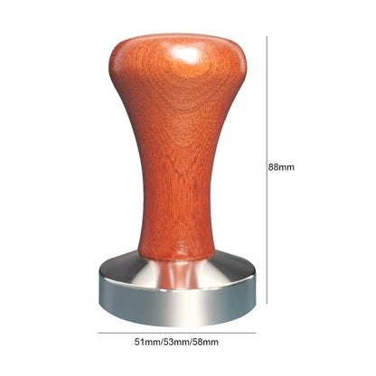 Wooden coffee tamper with metal base and dimensions on a white background