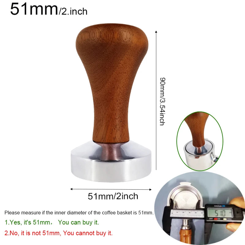 Wooden coffee tamp with measurements on a white background