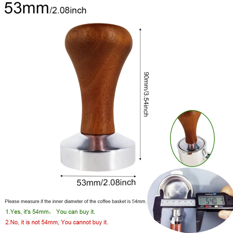 Wooden coffee tamp with measurements and a close-up of the inner diameter.