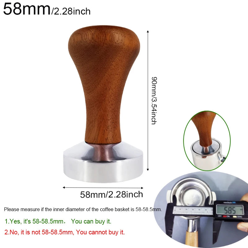 Wooden handle coffee tamp with measurements on a white background