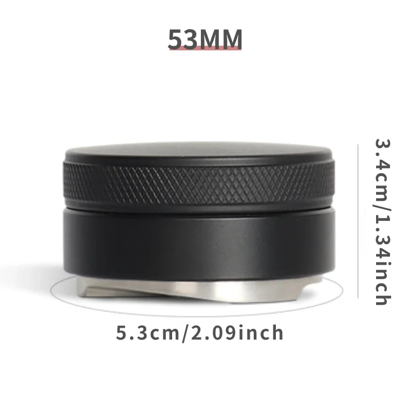 Black coffee tamper with measurements on a white background