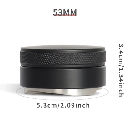 Black coffee tamper with measurements on a white background