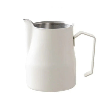 A matte white milk pitcher with a stainless steel interior and a unique angled handle, shown on a plain white background.
