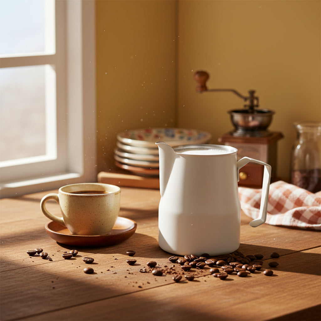 A matte white stainless steel milk pitcher with a matching white handle and a stainless steel pouring spout, in vintage kitchen