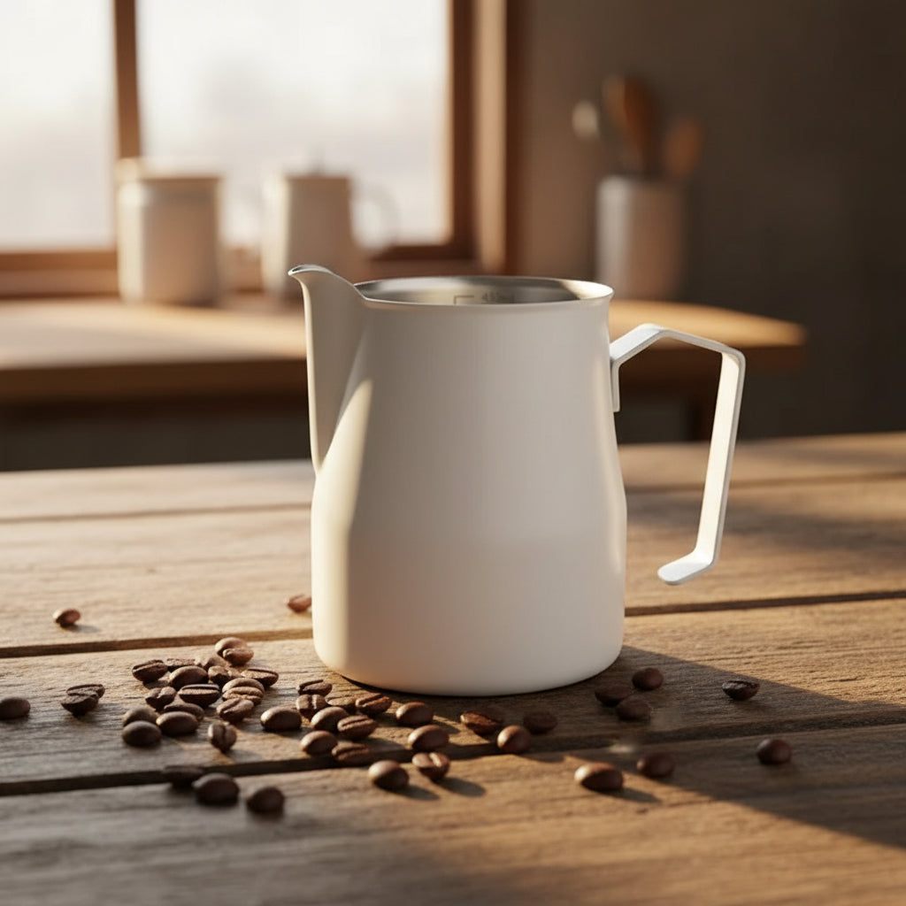A matte white stainless steel milk pitcher with a matching white handle and a stainless steel pouring spout, on a table