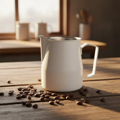 A matte white stainless steel milk pitcher with a matching white handle and a stainless steel pouring spout, on a table