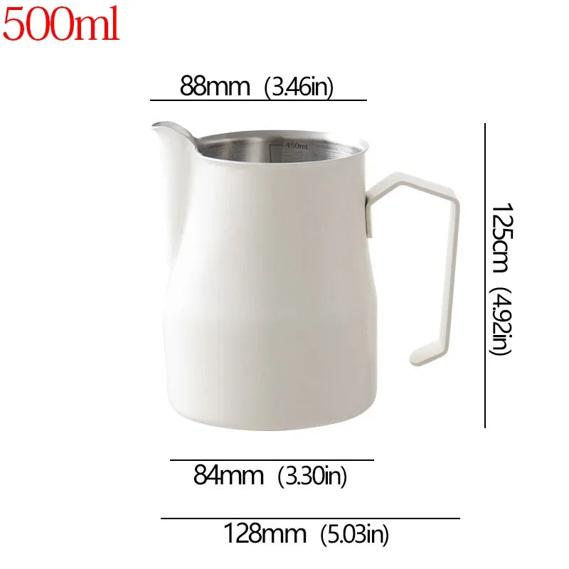 A white 500ml stainless steel milk pitcher with dimension annotations showing its height of 128mm, width of 84mm at the base, and 88mm at the spout, on a white background.