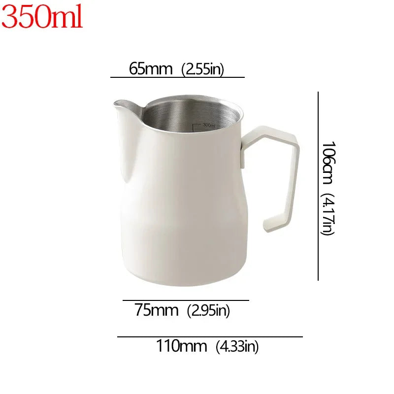 A white milk pitcher with a stainless steel interior, shown with dimension lines and text indicating measurements: 350ml volume, 65mm pitcher width, 75mm base width, 110mm handle width, 106cm height, and 2.55in pour opening width.
