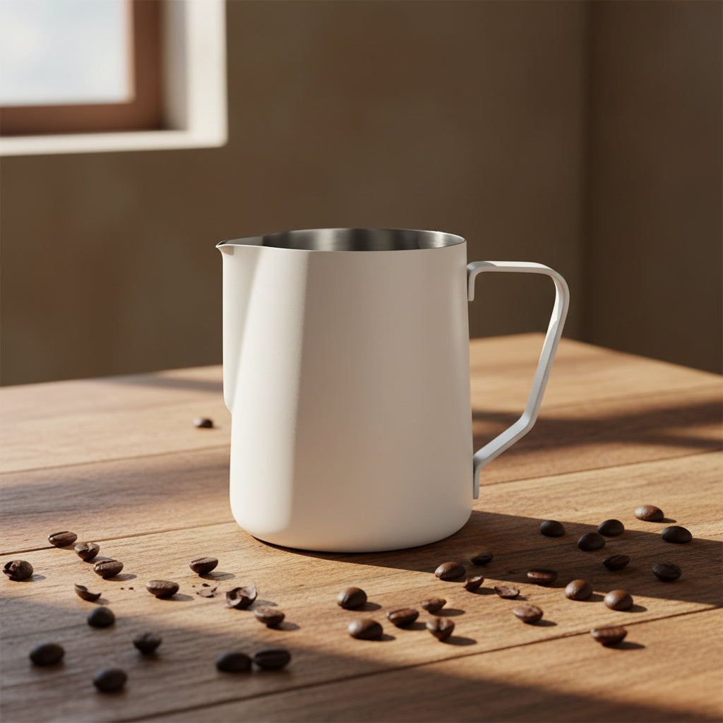 A stainless steel milk pitcher with a matte white exterior and a curved handle