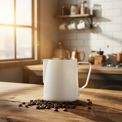 A stainless steel milk pitcher with a matte white exterior and a curved handle