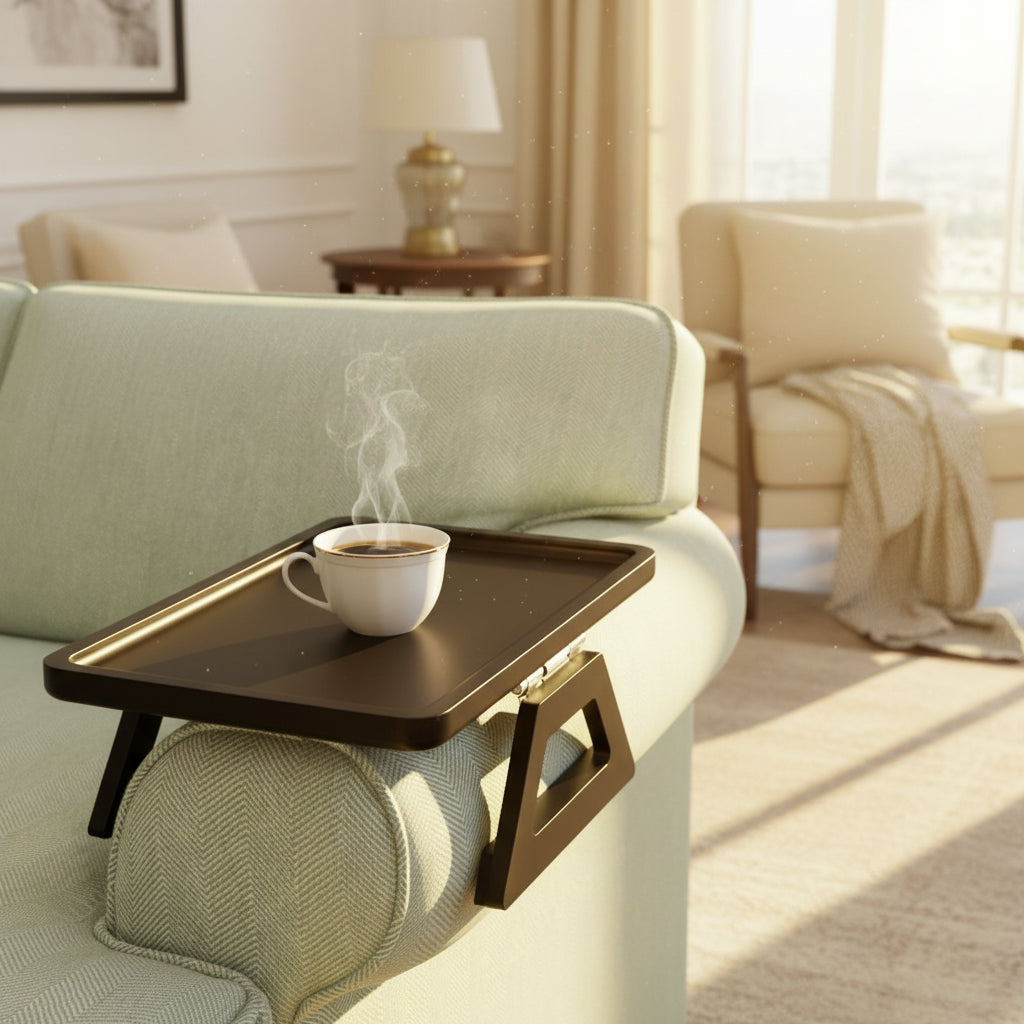 Black adjustable tray on a light gray sofa