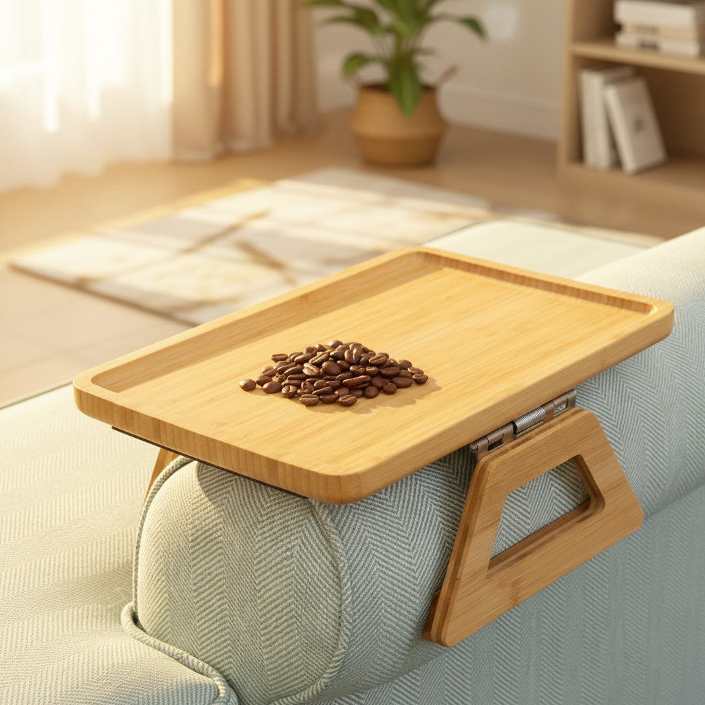 Wooden tray with coffee beans on a sofa in a cozy living room.