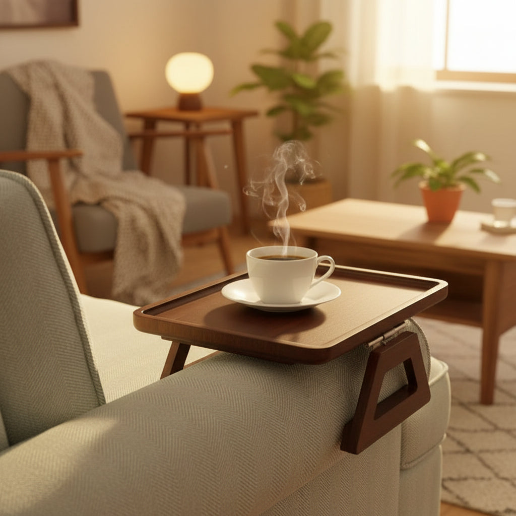 Wooden tray table on a sofa