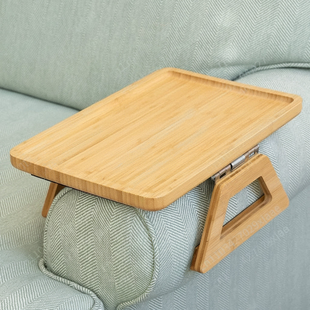 Wooden tray on a light green sofa