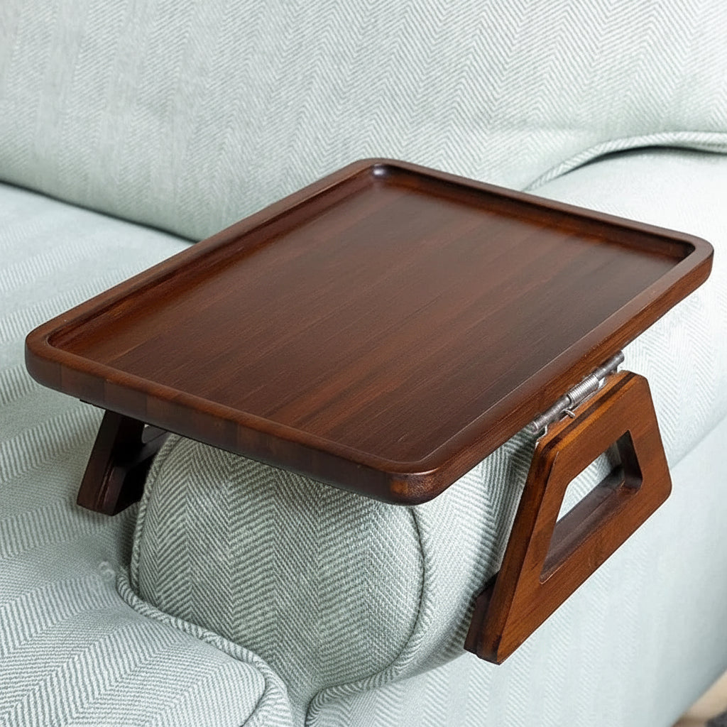 Wooden tray with stand on a sofa