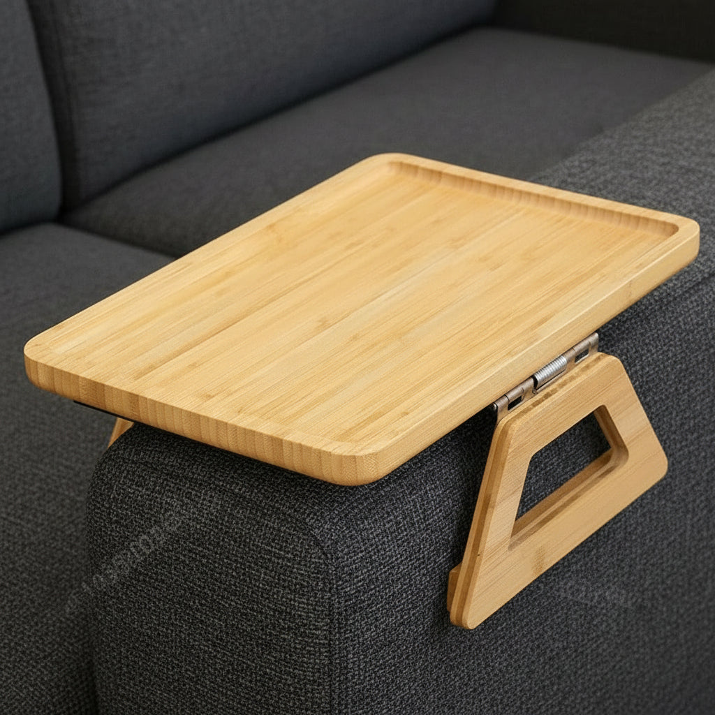 Wooden tray on a light green sofa