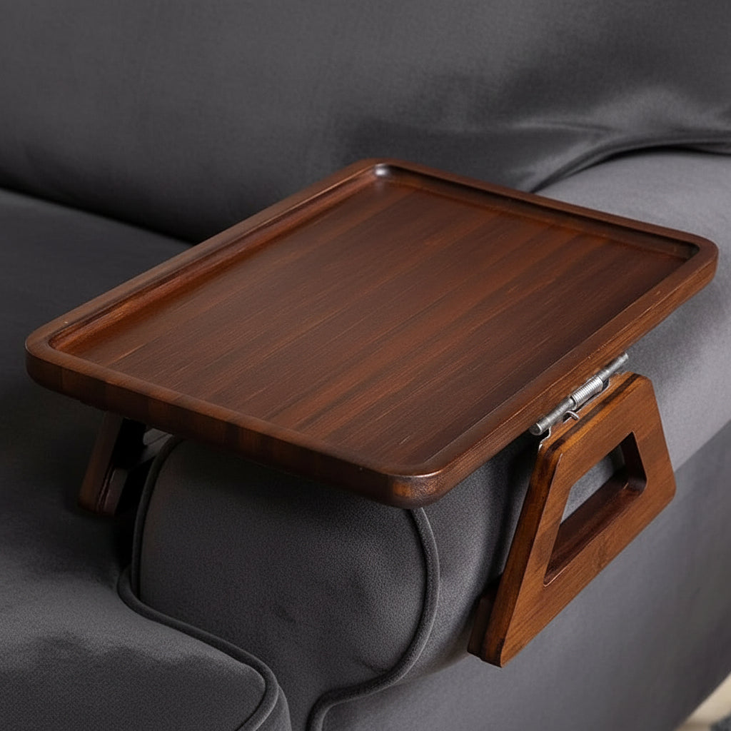 Wooden tray table on a sofa