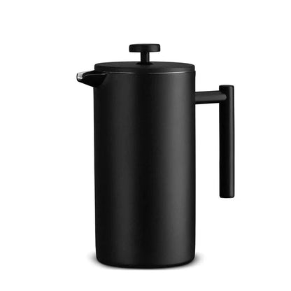 Black French press coffee maker on a white background