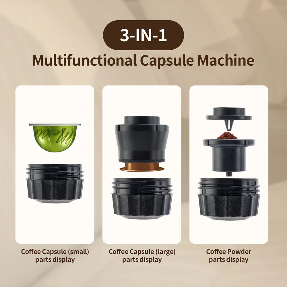 3-in-1 multifunctional capsule machine with different parts displayed on a beige background.
