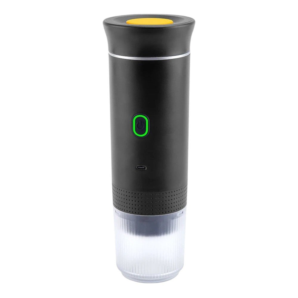 Black and clear portable device with a green light on a white background