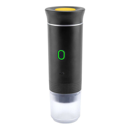 Black and clear portable device with a green light on a white background