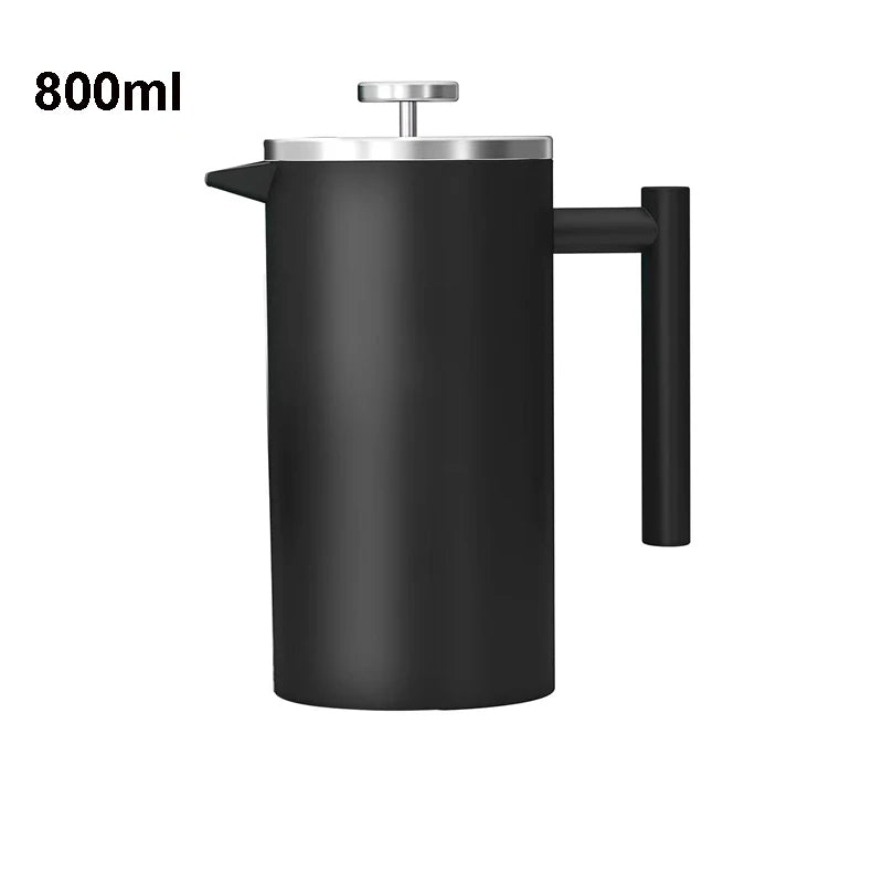 Black French press coffee maker with a silver lid on a white background