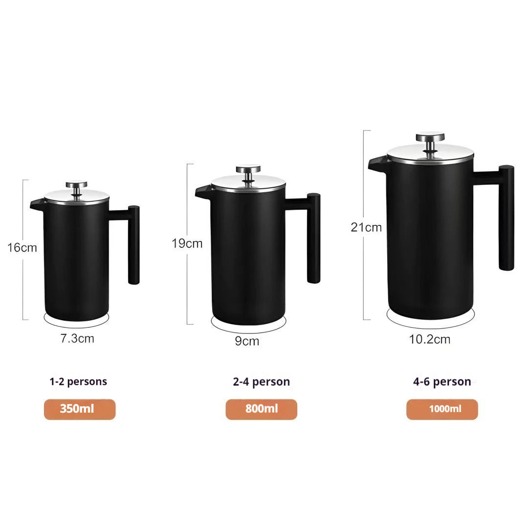 Three black French press coffee makers with measurements and capacity labels on a white background