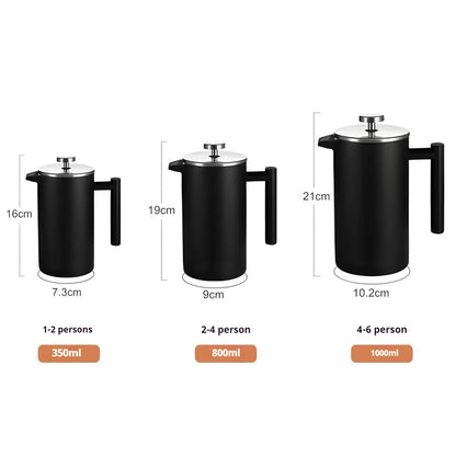 Three black French press coffee makers with measurements and capacity labels on a white background