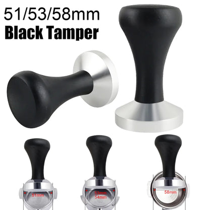 Black and silver coffee tampers with measurements on a white background