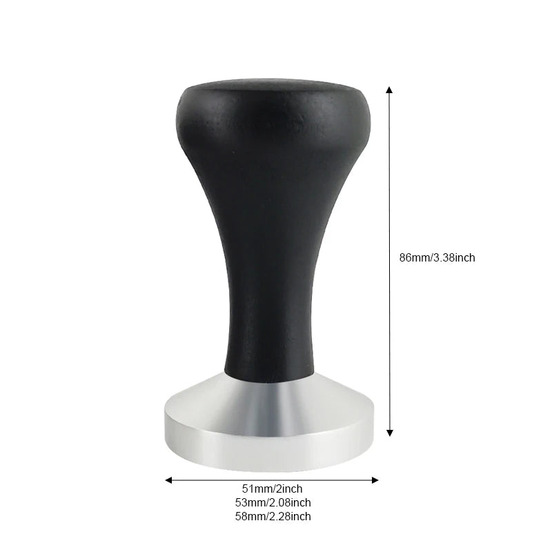 Black coffee tamp with measurements on a white background