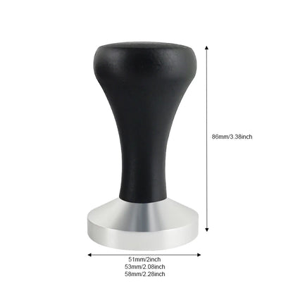 Black coffee tamp with measurements on a white background