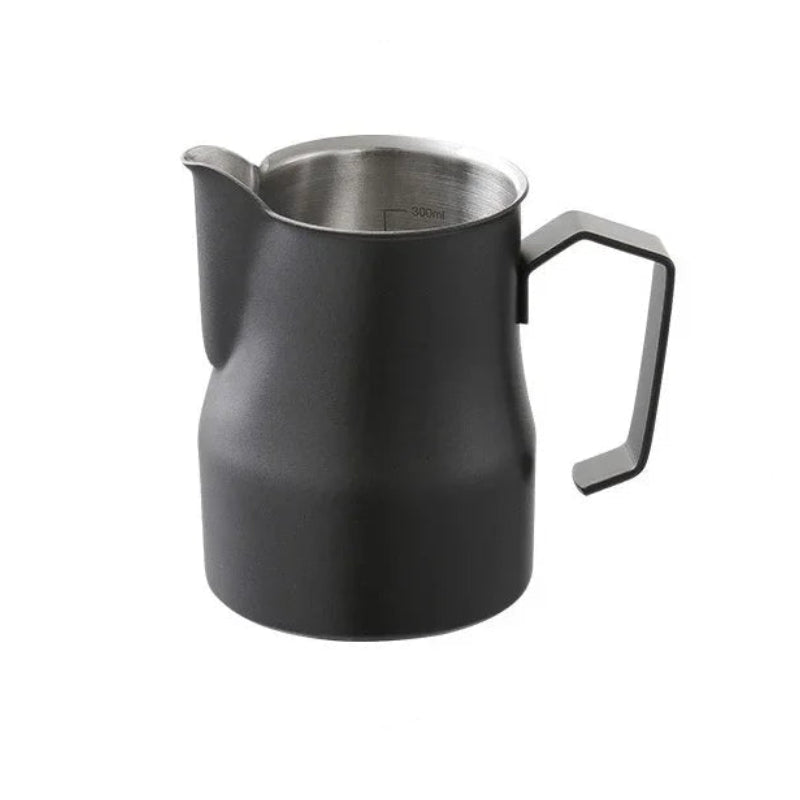 A matte black metal milk pitcher with a stainless steel interior and a curved handle, shown on a plain white background.