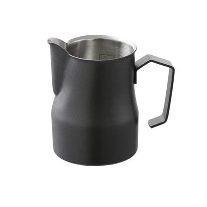 A matte black metal milk pitcher with a stainless steel interior and a curved handle, shown on a plain white background.