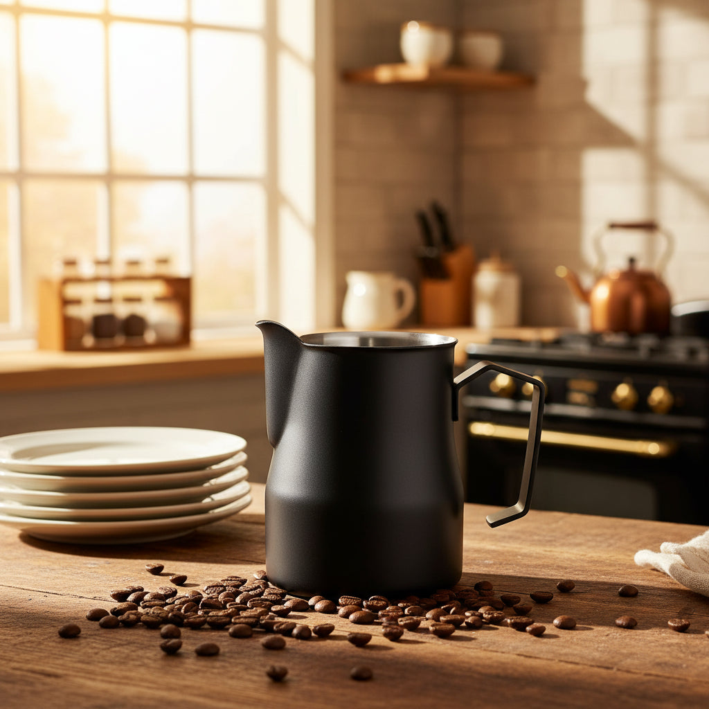 A matte black stainless steel milk pitcher with a handle and pouring spout, in a kitchen.
