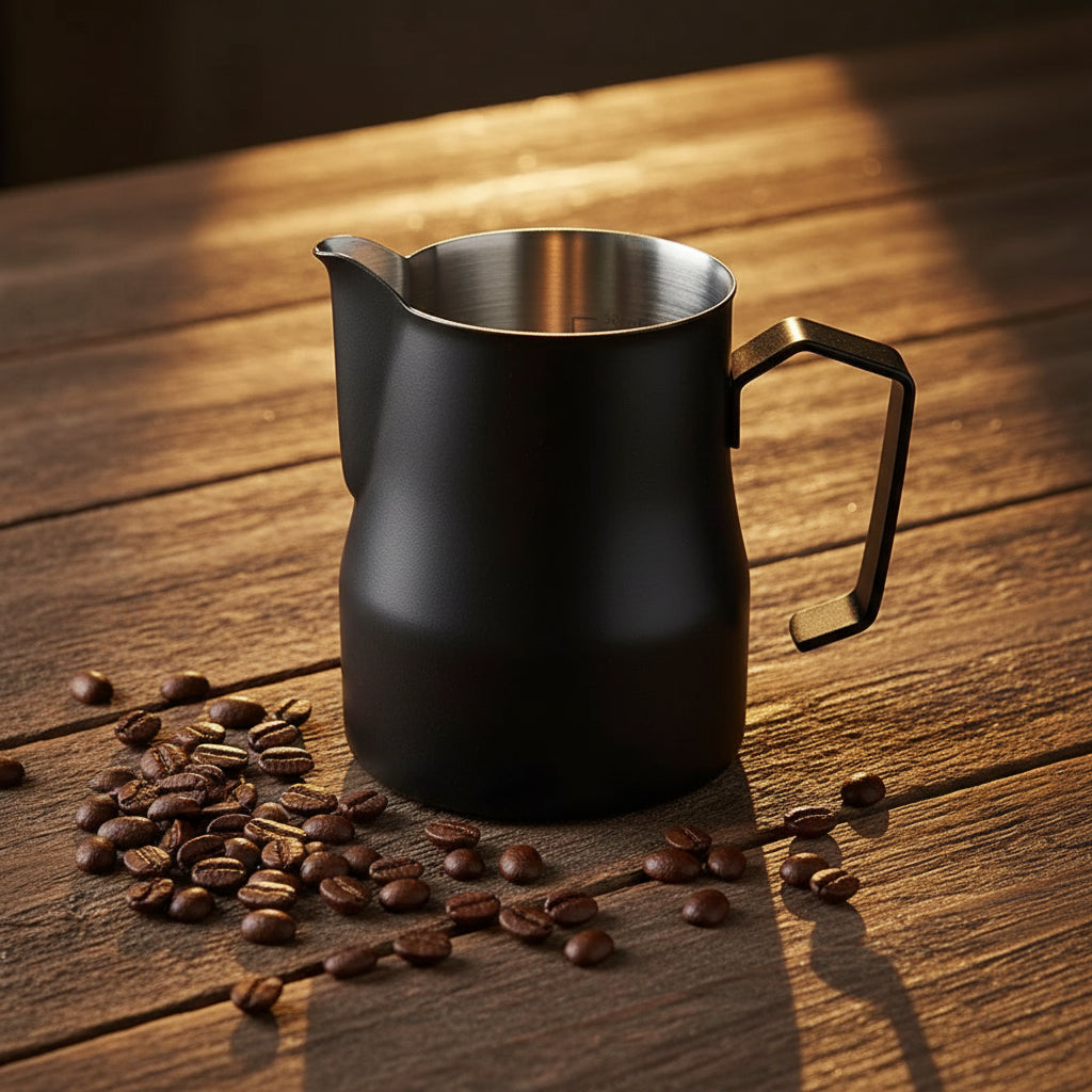 A matte black stainless steel milk pitcher with a handle and pouring spout, on a table