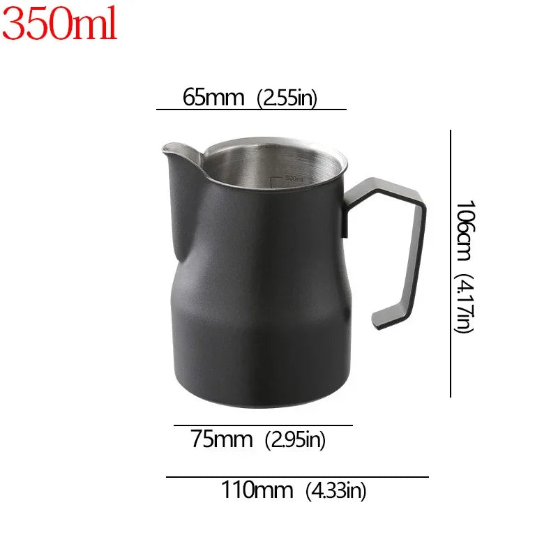 A matte black stainless steel milk pitcher with dimension lines and measurements showing 350ml capacity, 65mm pitcher height, 75mm pitcher width, 110mm overall width, and 106cm height, on a white background.