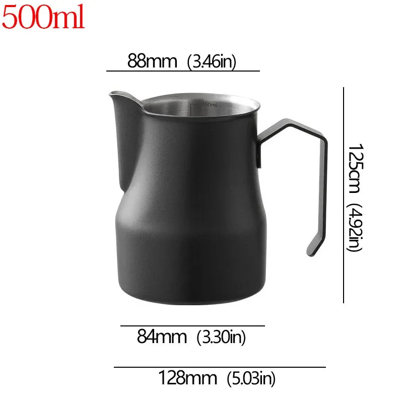 A matte black stainless steel milk pitcher with dimension lines and measurements showing 500ml capacity, on a white background.