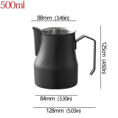 A matte black stainless steel milk pitcher with dimension lines and measurements showing 500ml capacity, on a white background.
