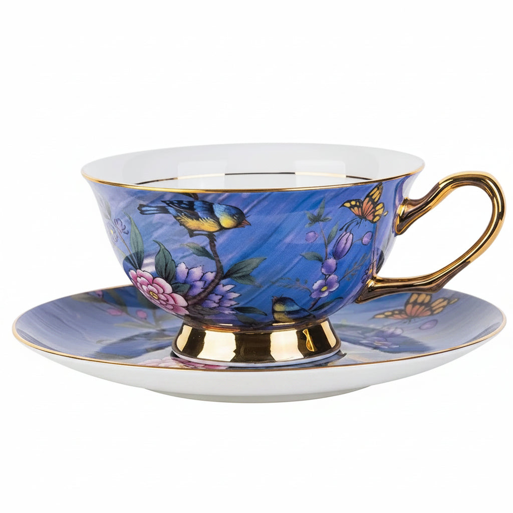 Blue floral teacup and saucer with gold accents, shown with measurements on a white background.